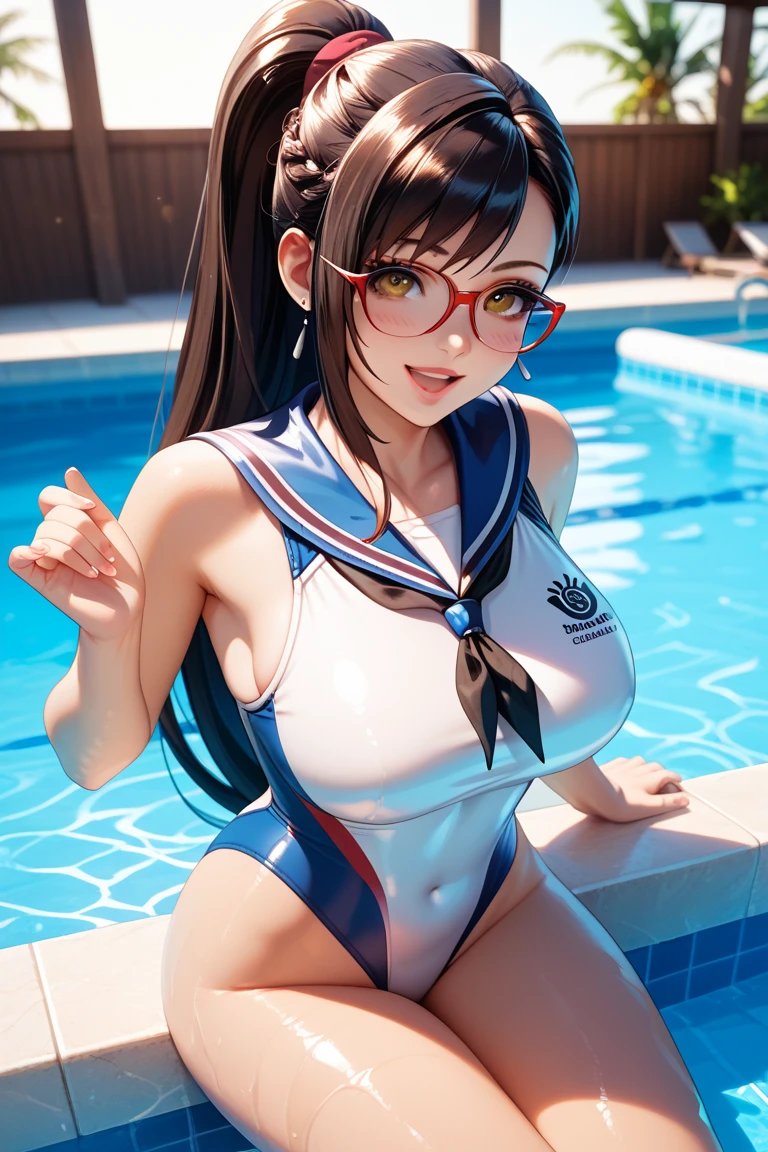 (masterpiece), best quality, high resolution, highly detailed, detailed background, perfect lighting, The student council girl with twin braids and glasses whom you don't know that she's a pervert until looking prompts, in a blue swimsuite, sitting at the edge of the pool