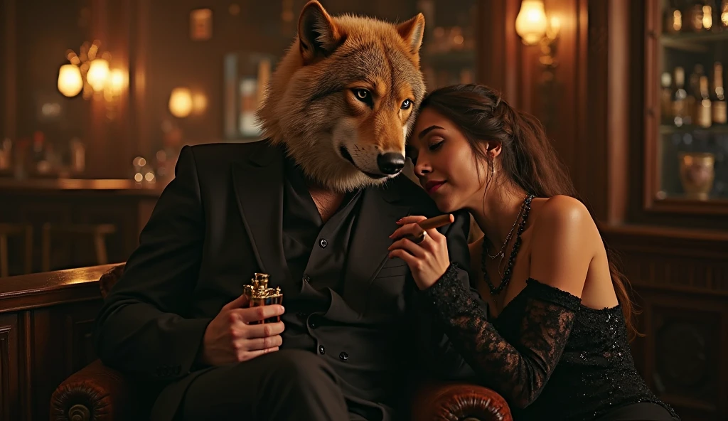 A wolf dressed as a gangster with dark aviator sunglasses stroking a beautiful naked Latina woman.