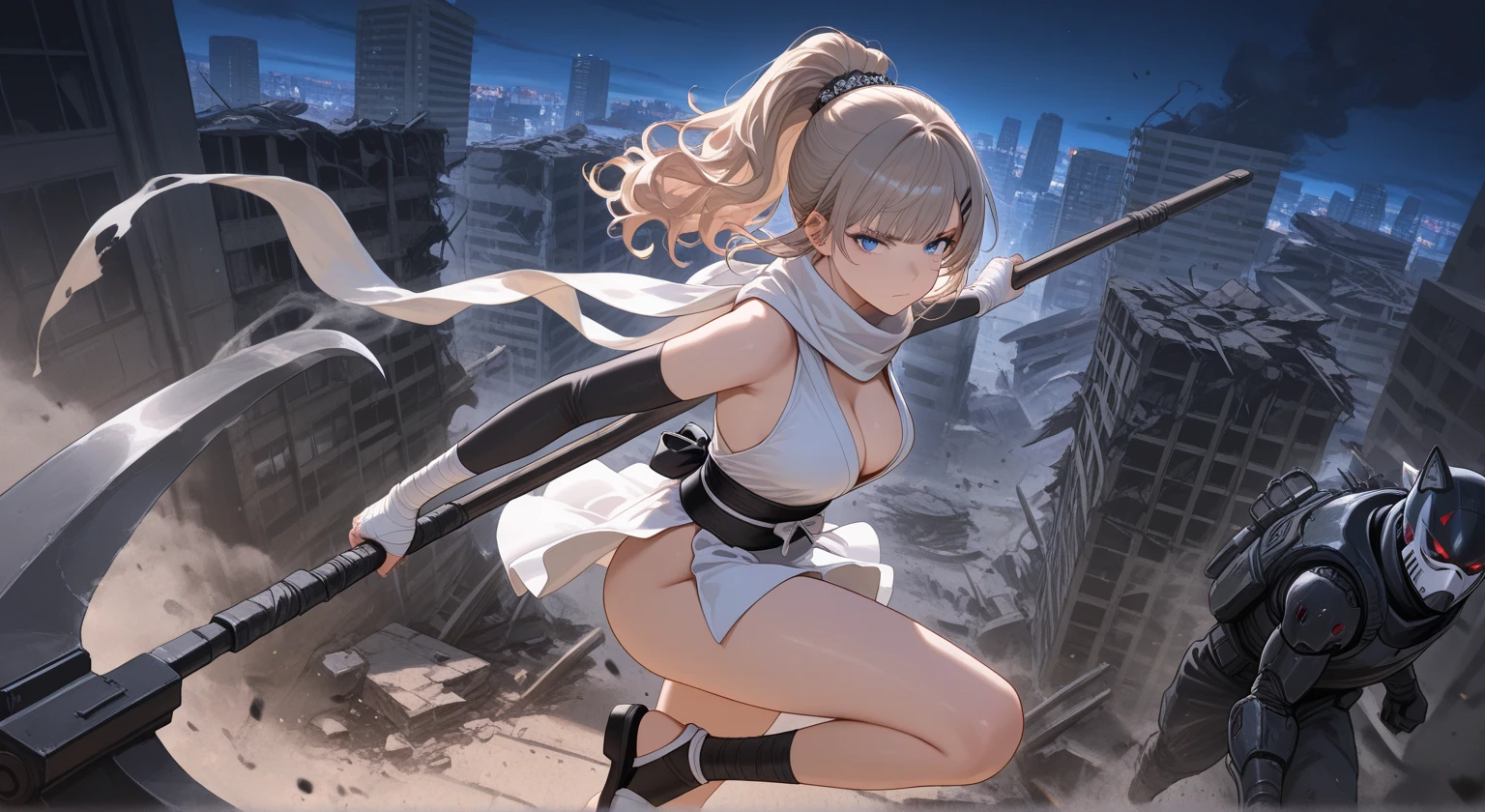 Blonde side ponytail beauty, wearing a full body white bodysuit, steam from the crotch, urine stains in the crotch,Woman with a big sword, standing with legs open, big long breasts, pubic hair, big ass, thick thighs, glowing skin, excretion, pee patience, beautiful eyes, depth of field, high definition CG unified 8k wallpaper, masterpiece, detailed background, dramatic angle, dramatic pose, fluttering hair, {{{full body}}, Perfect detail, realistic skin texture, cleavage, realistic details face, crotch urine, crotch cleft, crotch muscles, wet crotch, pee, crotch cleft, wet crotch, erection, waterfall from crotch