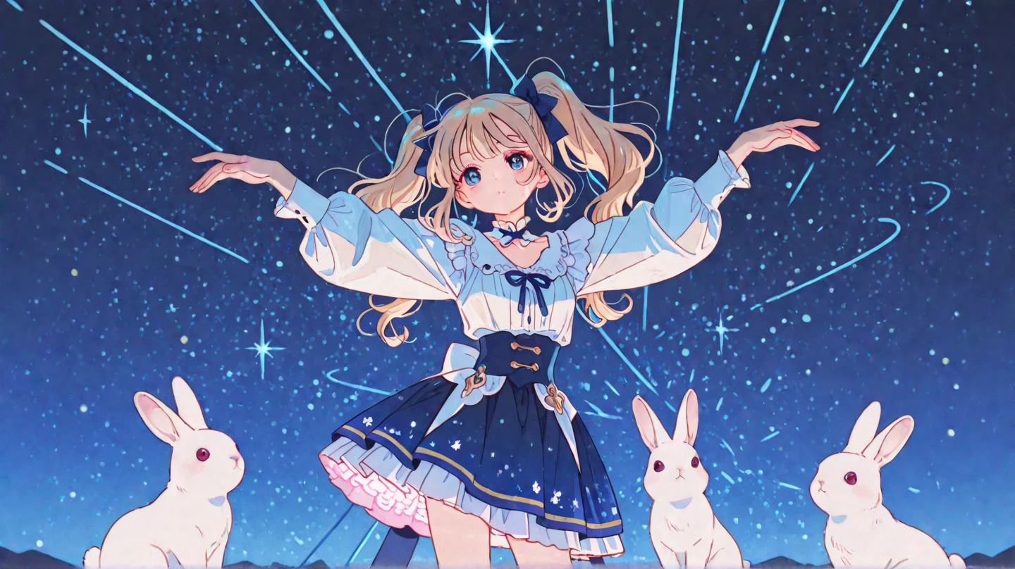 ((Masterpiece)), ((Best Quality)), (Very Detailed), ((Very Detailed)), 4K, (8K), very aesthetic, absurdres highres, 1 woman, (anthropomorphic Rabbit, furry, kemono:1.5), A young girl at a starry sea music festival, wearing a dress woven with tiny stars that glow as she moves. The stage is set under a galaxy-filled sky, with constellations and shooting stars. The atmosphere is filled with joy and wonder, with star-shaped lanterns and a beautifully decorated stage.