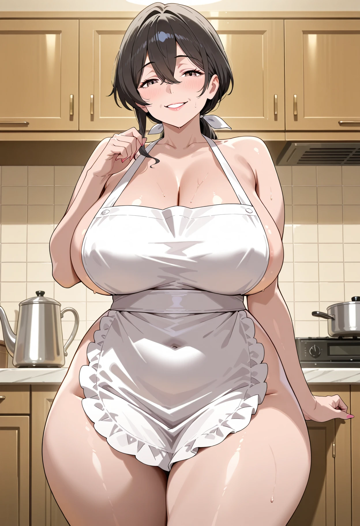 ((masterpiece)), ((best quality)), (ultra-detailed), ((extremely detailed)), 4K, (8K), best quality, ((perfect anatomy)), ive fingers, ((((beautiful detailed eyes)))), (((world-class quality))), photorealistic, extremely detailed, high resolution, (detailed shaded pretty face), (((house wife))), solo, (((sagging breasts))),, glowing detailed skin and hair, white-skinned, (((glistening skin))), huge ass, kasumi iwato, potbelly, baby face, (half updo),, , stylish pose, smile, ,(((aftershower))), (wearing bikini), cow print, bra, bare arms, (neck ribbon), (waist apron), thongs, bare legs, ((curvy)), , ass focus,