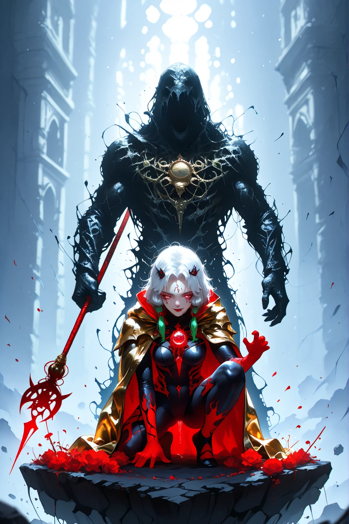 demonic horse woman with green locks and gray hair in a black and red bodysuit,seductive girl with tattoos,sex position,косплей anime-девушки,anime-девушка в реальности,detailed ,high definition,photorealistic,perfect lighting,careful drawing,deep detail,anime,Realistic,4K,HDR,professional,bright colors,blurred background,держит в руках Staff dream Catcher, тату dream Catcher на груди, dream Catcher, Staff, green harness, Golden cloak , detailed угол сзади, standing on a cliff, terrible ghosts are flying around