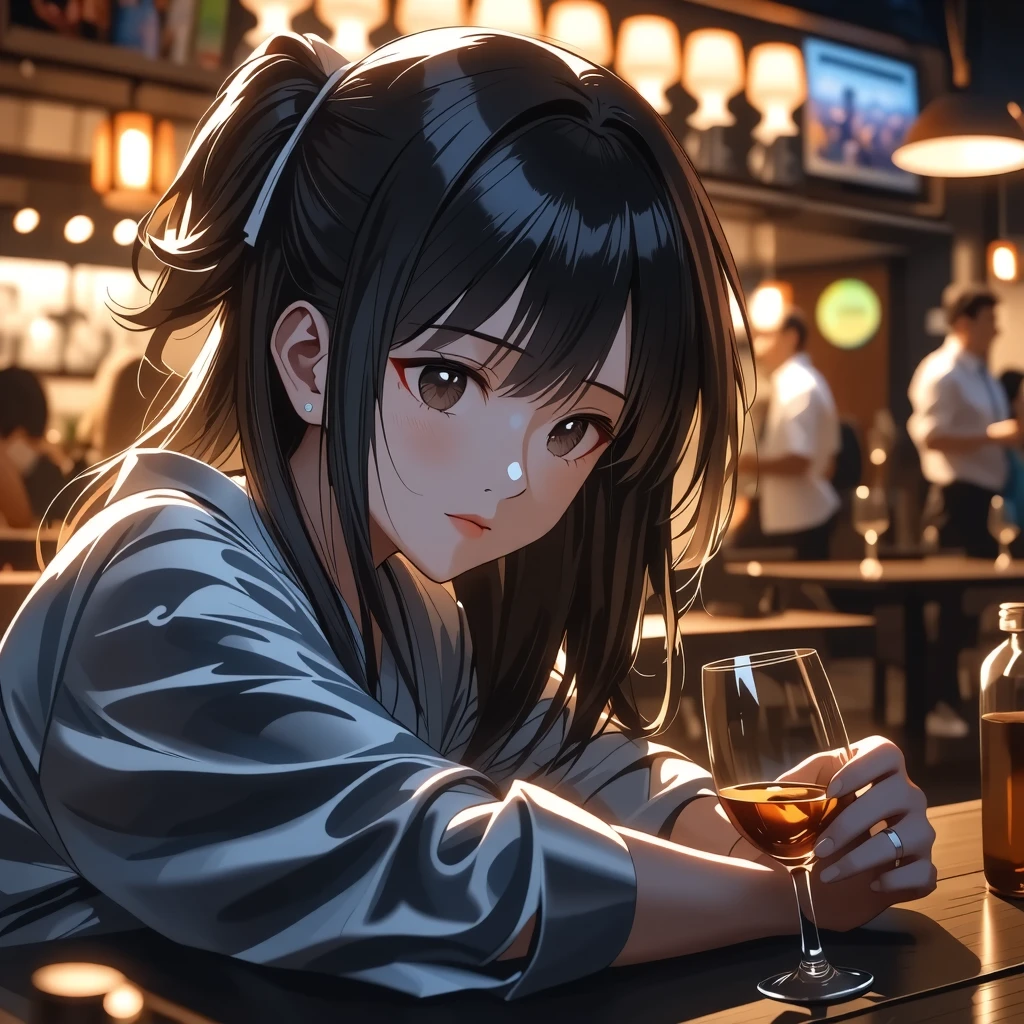 night, Japan, high resolution, best quality, wooden table, lots of liquor bottles on table, empty glasses, illustration, ultra detail, (detailed face), (detailed eyes), 1 office lady, soft lighting, top quality, thoughtful, hazy glow, deadly atmosphere, ultra detail, masterpiece, , solo, black hair, semi-long hair, brown eyes, bright eyes, medium chest, bar,