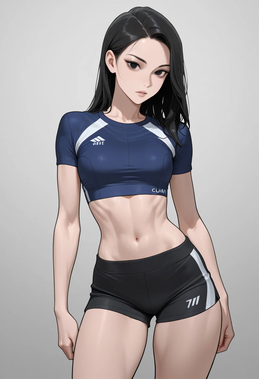 4k, Comic babies, there is a woman in sports bra and shorts posing, sports bra and shorts, dark blue sports bra and shorts, two-piece workout clothes, streetwear bra and shorts, tight black top and shorts, in digital illustration style , adjust woman, adjust, crop top and shorts, in the style of Digital Painting, adjust girl, toned shape, wearing adjustness gear