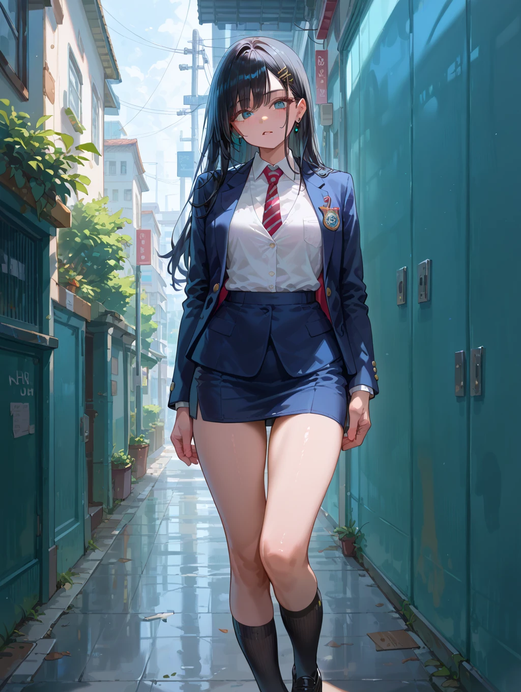 (1) There is a high school girl with beautiful legs., (She lifts up her skirt to show off her beautiful bare legs and panties:1.5), 
(2) (Schoolgirl standing:1.5), I&#39;Iは立って彼氏にパンツを見せています,
(3) A high school girl wearing a white collared shirt underneath.、(in addition, He is wearing a navy blue uniform blazer.:1.5)、The skirt is a mini version of the gray uniform skirt..、(I am wearing loose socks on my feet.:1.5), (She wears loafers:1.5)、
(4) The visible pants are simple white cotton.., 
(5) The high school girl has short brown twintails.., shining eyes, A provocative grin,
(6) The location is the high school courtyard.., 
(7) highest quality, High resolution, realistic pictures, realistic skin,