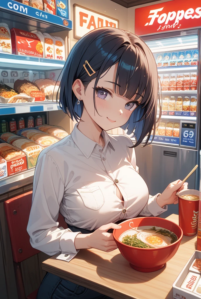 Anime drawing with clear colors. Full body drawing. Young wife is a former student council president. One adult woman. (White vertical striped sleeveless shirt with collar and black long skirt showing collarbone), (Morning Apartment Room Sexy)、 (Breakfast at the table, waving goodbye with a refreshing smile), (Short black hair, tied up, straight hair, bangs swept to the side:1.9 Slanted eyes Brown eyes Tall Big breasts Strong Beautiful Cute) 