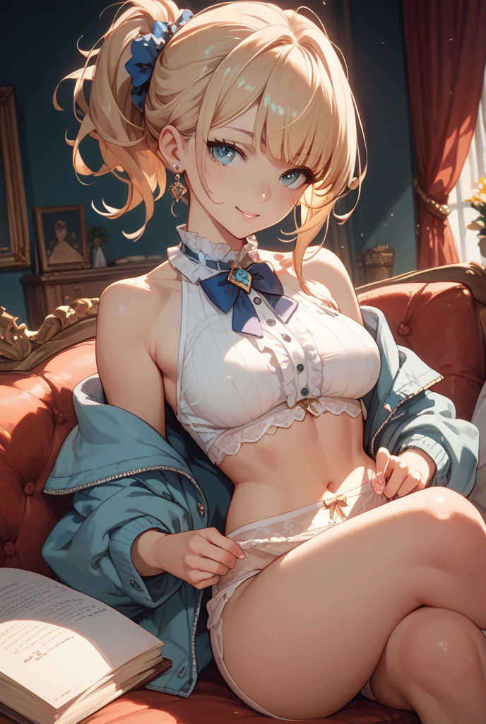 ((((Best Quality, 8K, 32K, masterpiece, 1.2)))),{{solo}},nsfw,{{{Artist: Fujichoko's style}}},((perfect beautiful face:1.2)), skirt lift, showing bra, pull panties, sexy trimmed bra and panties, embarrassed, blush,