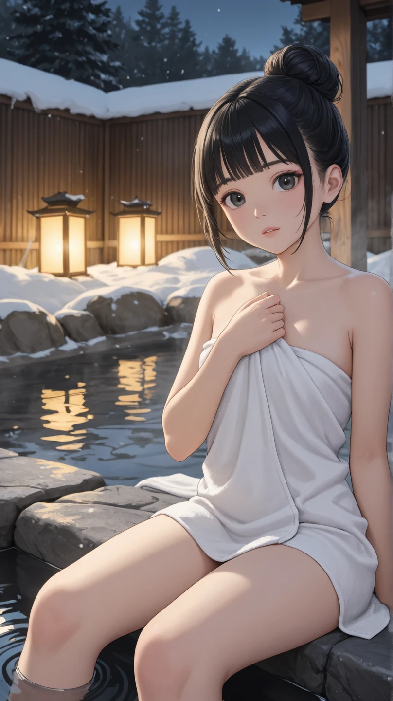 Two of the most beautiful women, More skin, toView, brown eye, (Shorthair with bangs:1.2), (mediur breasts:1.5), (Medium areola:0.8),full length full body、Pretty woman with emphasizing slender abs:1.3、photo-realistic:1.4), (Best image quality:1.0), (An ultra-Highres:1.0), 8K, RAW Photography, (A Masterpiece:0.2), (pureerosface_v1:0.5),Open-air bath with just one towel,the snow