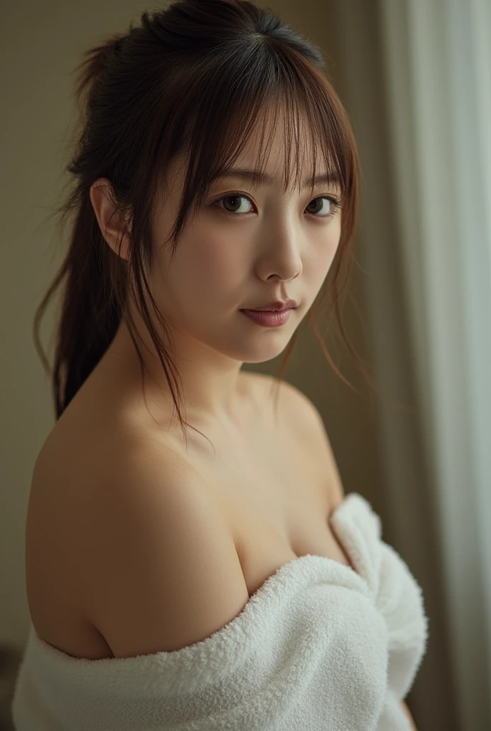 the Extremely Detailed CG Unity 8K Wallpapers、top-quality、ultra-detailliert、masterpiece、studio shoot、Full body portrait、From above、 realisitic、Behind the photo、large full breasts、realisitic、Photo Real、extremely detailed cute girl、独奏、sixteen years old、Melancholy look, in a locker room, Brown hair, updo hair, out of focus、blur、Full body photo of full nude body、