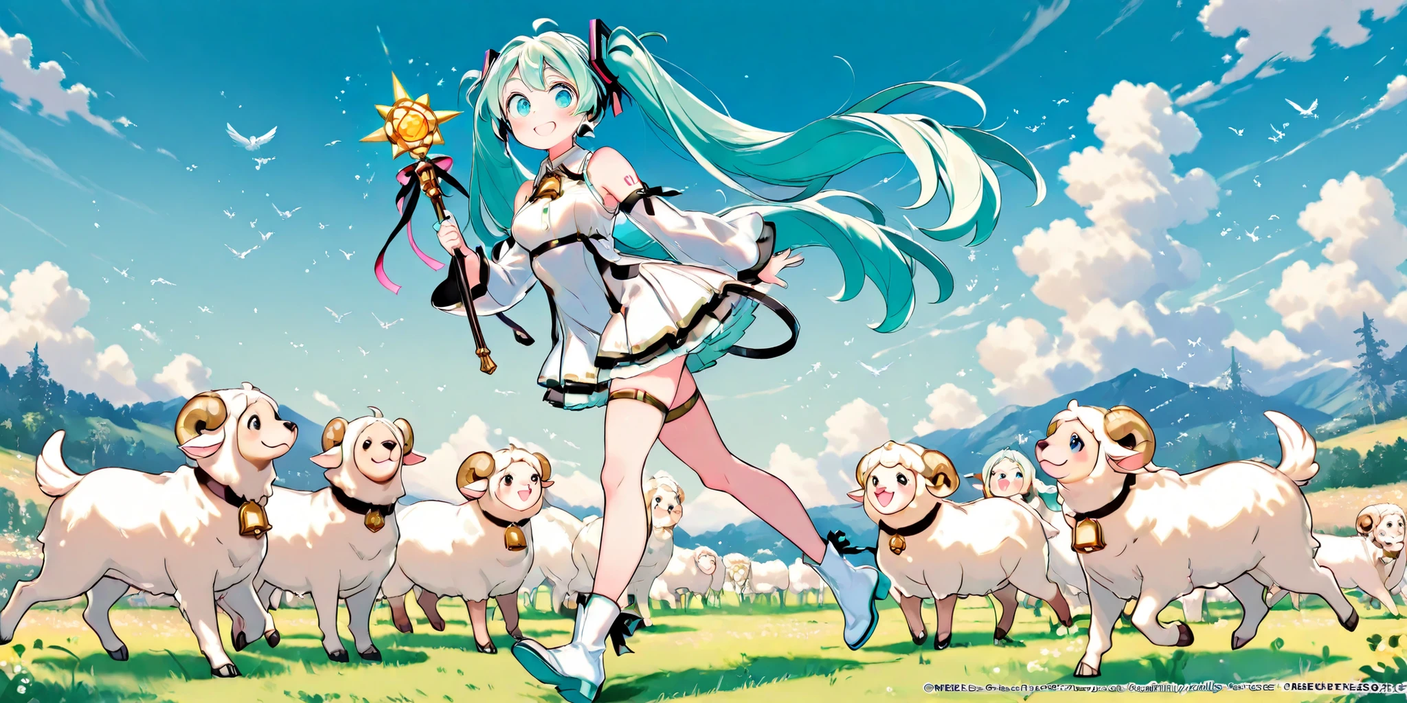 (masterpiece、Highest Quality、Highest Quality、official art、Beautifully beautiful:1.2)、(1 person under the sun:1.3)Hatsune Miku、 light green twin tails,beautiful breasts,Shepherd dog chasing sheep flock、Sheep are wearing cowbells、牧羊犬を追いかけるHatsune Miku、ディムニのつなぎを着たHatsune Miku、Ranch、Prairie、full body、side view composition
