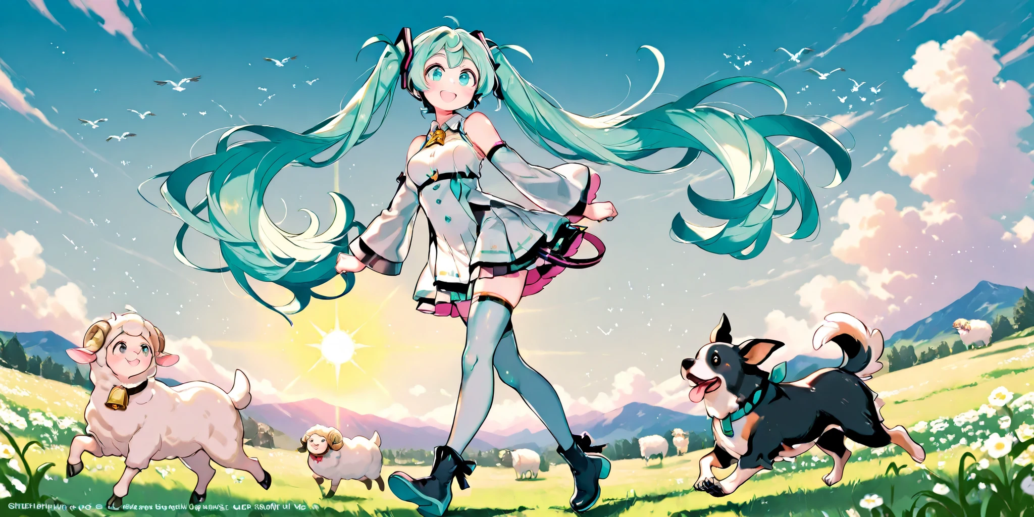 (masterpiece、Highest Quality、Highest Quality、official art、Beautifully beautiful:1.2)、(1 person under the sun:1.3)Hatsune Miku、 light green twin tails,beautiful breasts,Shepherd dog chasing sheep flock、Sheep are wearing cowbells、牧羊犬を追いかけるHatsune Miku、ディムニのつなぎを着たHatsune Miku、Ranch、Prairie、full body、side view composition