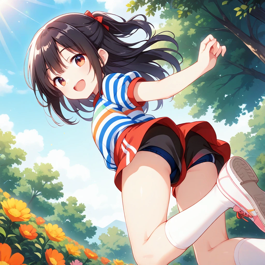 ( highres, ultra detailed, realistic, )(Anatomically correct), 1 girl,long black hair, wind blow,pink cycling wear, lying on the grass, black eyes looking at viewer, sunset sky background, ultra - detailed, best quality, Detailed diagram, vectorized, 8K, Graphic design, vector lines, Full-HD,Looking up, cowboy shot