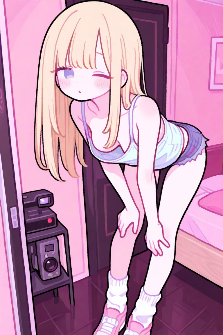 1girl, sexy 14yearold blonde cheerleader is in her underwear and is taking a sexy selfie in her room with her phone. sexy pose, nipples, open legs, nsfw