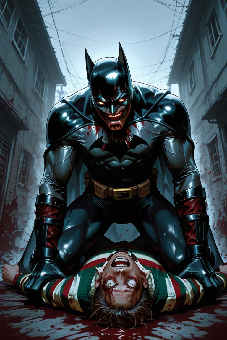 draw Batman in an action scene with a lot of blood on his hands and mouth, blood on the floor, gunshot marks on the walls and a lot of blood because the scene is of Batman fighting a bunch of thieves at the behest of the villain Penguin who wants to change the name of Gotham City to Drak City, 64k, realistic, Fujifilm XT3, illustrations, fingers, legs,