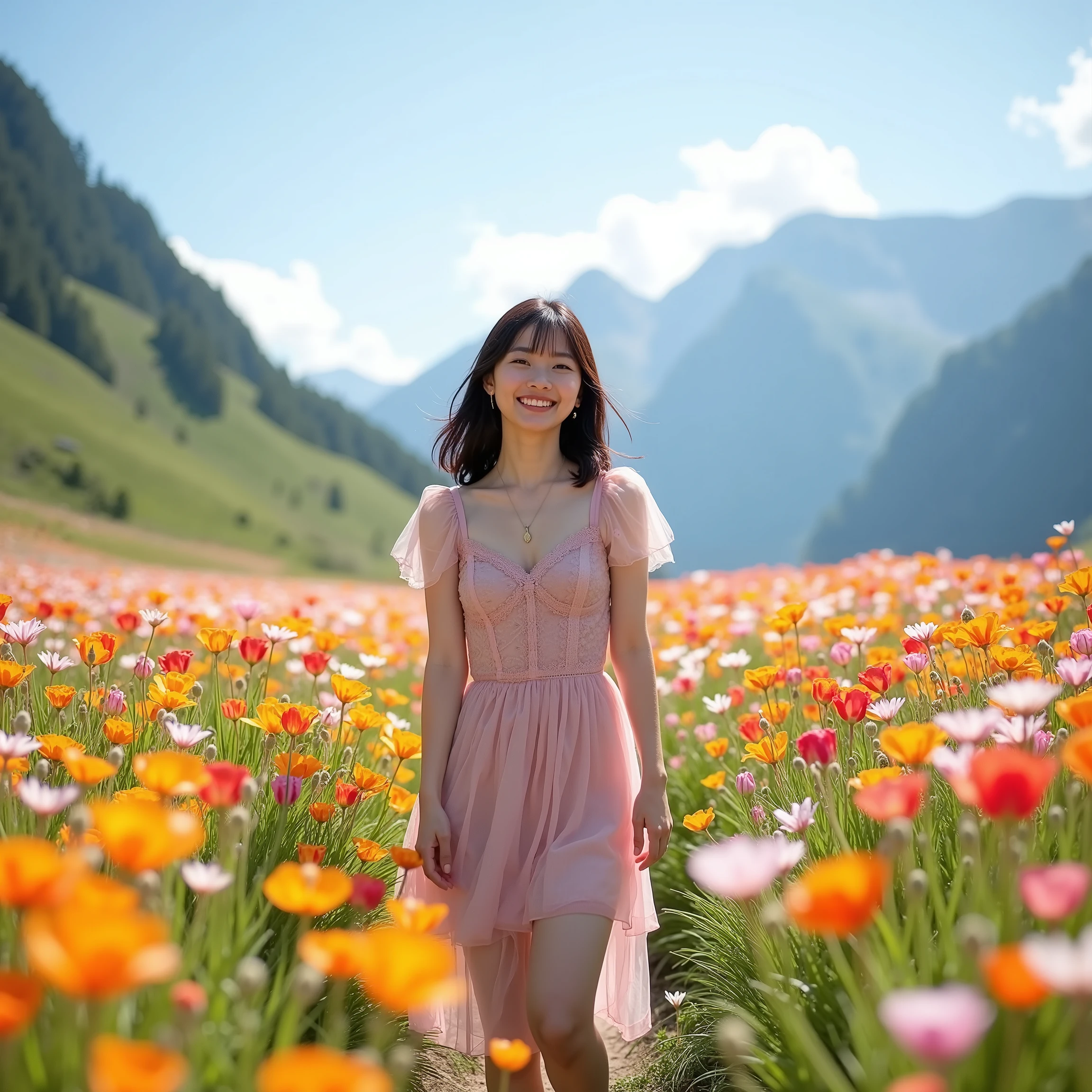 highdefinition images 、 Flower fields in the Swiss highlands 、 Best Picture 、 Exhilarating Highland Scenery Images 、 magical creatures hidden in the prairie and mysterious colorful flowers々You can see 、 8k( High quality seven-color flowers ) A plateau full of fantasy、 Images of Exhilarating Plateau Scenery。高原の下の街並みYou can see。Japanese 20-year-old women walking with a smile,Clothes are see-through long dresses,asymmetrical and fluffy dresses