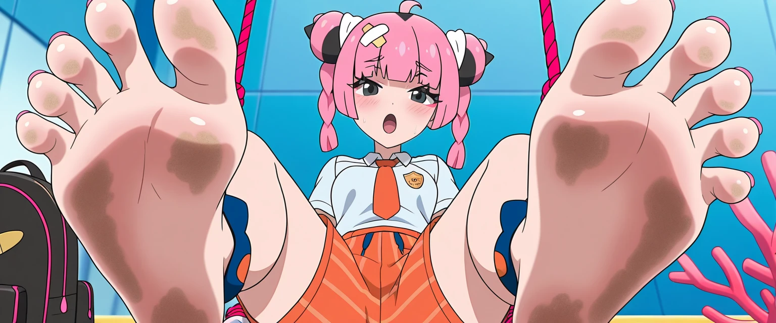 girl with glasses and a school uniform holding a pink tentacle, humanoid pink female squid girl, anime moe artstyle, marin kitagawa fanart, hints of yayoi kasuma, fine details. anime. tentacles, tentacles around, twintails, small curvy loli, junko enoshima, nagatoro, covered with tentacles