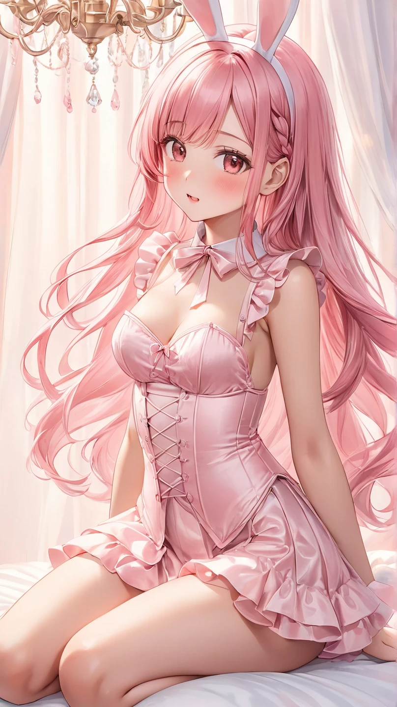 ((muste piece)), ((best quality))、best style、beautiful woman、The most beautiful woman in the world、A dress with flowers, a luxurious dress, dressed Beautiful Gowns, Floral Couture, fantasy dress, magic dress, wearing a wonderful dress, intricate gown, intricate dresses, brilliant pink ball gown, Pretty dresses, Beautiful Gowns, Flower dress, lady with glowing flowers dress, Wearing a pink ballroom gown, romantic dress, wearing a wonderful dress、pink eyes、pink hair、long hair、big breasts、detailed face、best style、smile