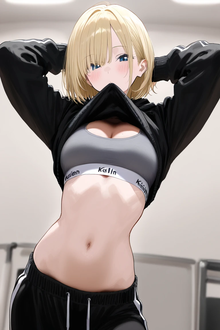 Gym, exercise, hot, sweating, sweating的, tan, big, tan skin, panicked, blush, black bikini clothes, see through, yoga pants, low angle, (from below), looking at the audience, cowboy shot, , swag, big （foreign body）（有foreign body在）