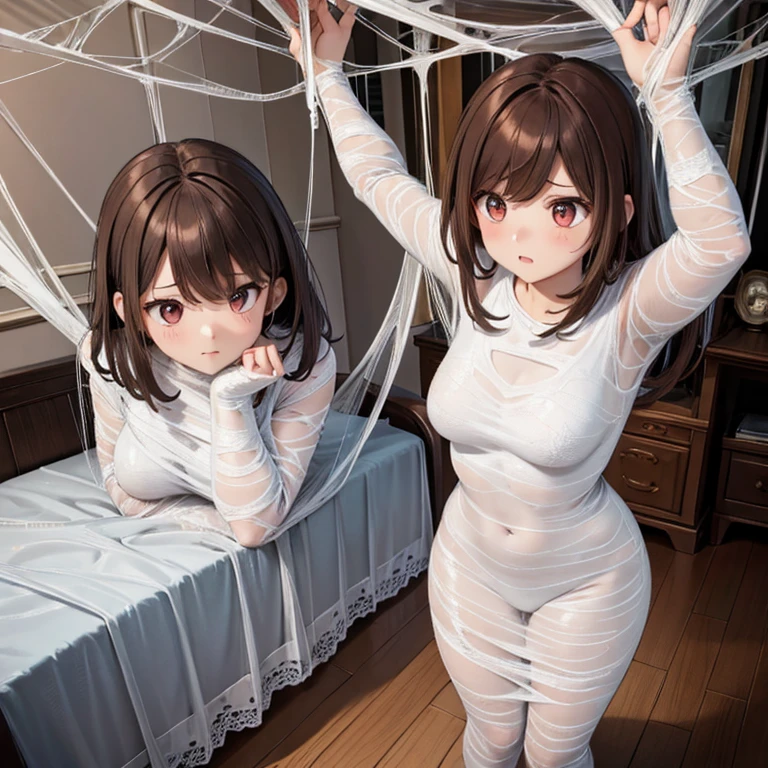 1girl,Spider weaving a net on the girl,réalism:1.2,ultra-detailed,bedroom setting,stretched pose,struggling in the net,brown haired,very long sheer skirt,oaken floor,soft sunlight,delicate spider silk,lace curtains,bedside table,decorative pillows