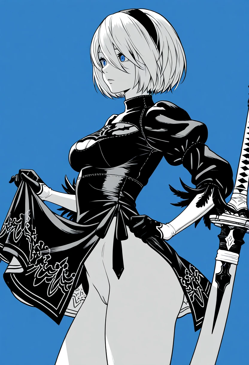 2B from NieR Automata, black dress with slit and giant ruffles, from front,(looking side),blue eyes,giant sword, monochrome,grayscale, blue on the background,messy line art, She lifts her skirt up by herself, exposed bottomless hip, uncensored, A look of shame