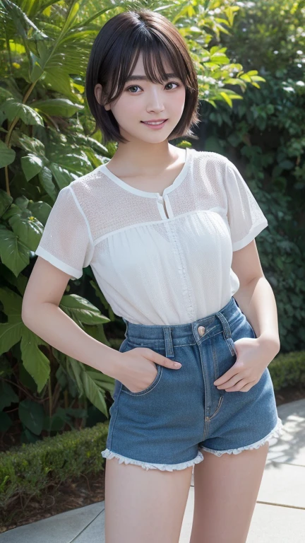 　(((Japanese)))(10-year-old girl)　((((10-year-old girlが一人、alone))))　Black Hair　　Hair divided into two　　Short Hair　Low ponytail　Hair tied up　whole body 　　((((Dark tanned skin))))　Private Server　Summer clothes　Casual wear　Pedestrian bridge　Leaning forward　Fine skin　　　smile　one piece　
