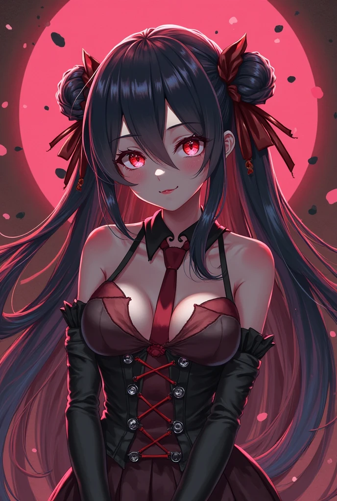 A 20 year old long pink mix black (gradations) haired woman, curly hair style, pink jewelry sharp dragon eyes, with black dragon horns on top of her head and pink roses flowers against her horns. looks pretty, graceful yet intimidating and terrifying. wearing a fancy dress with beautiful motifs which make her looks like a mommy. make it with pink flower background and in anime style