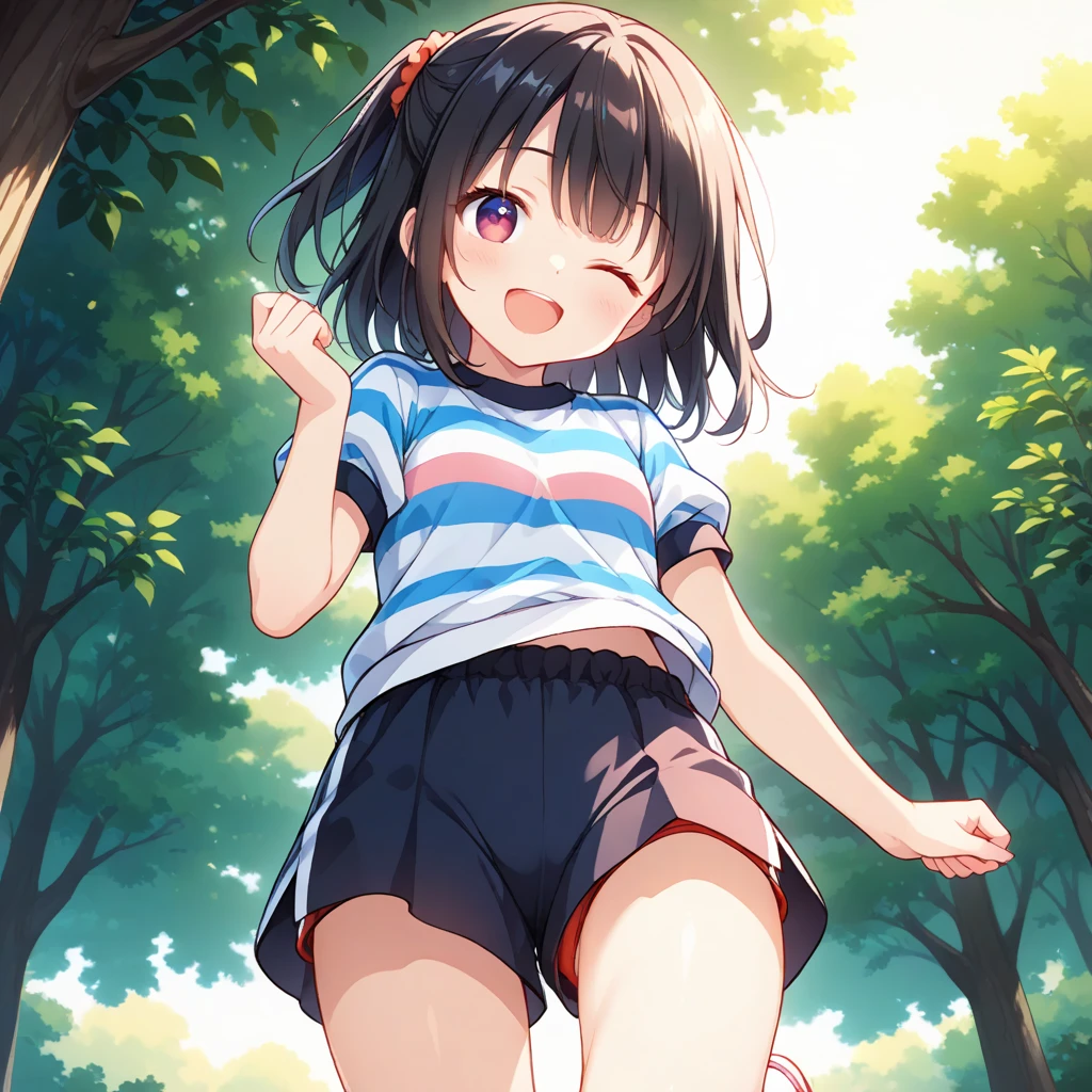 Highest quality、masterpiece、beautiful、detailed、Year: 12、Elementary school girl with black hair、In the forest with a shrine、Dynamic pose、Angle from below、smile、Slim figure、(Clothes that stick to your skin due to sweat:1)、covered erectile nipples、camisole、Striped underwear、Undressing、Completely naked