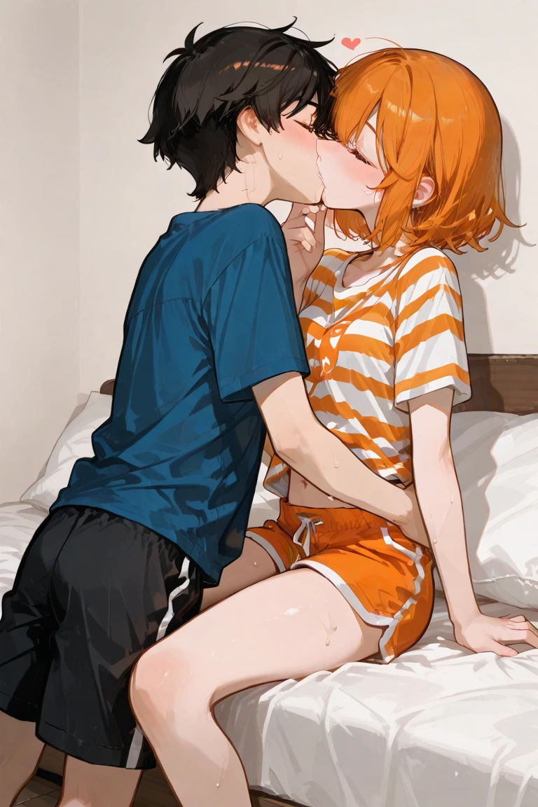 Amazing portrait of a young woman wearing white and orange striped t shirt and orange shorts and young boy wearing a navy blue t shirt and black shorts sitting on a bed together and kissing and making out passionately in a sexy and hot and lustful setting