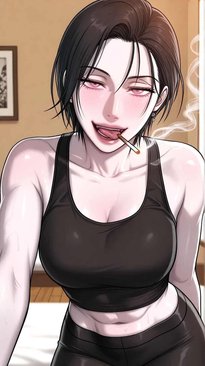 Girl kneeling while sticking out her tongue and on her tongue there is a thick , she has a face of pleasure and is blushing, she has a white shirt that is a little transparent, she has short shorts, she has short black hair, she has big breasts, thighs and butt, She is licking a large man's penis