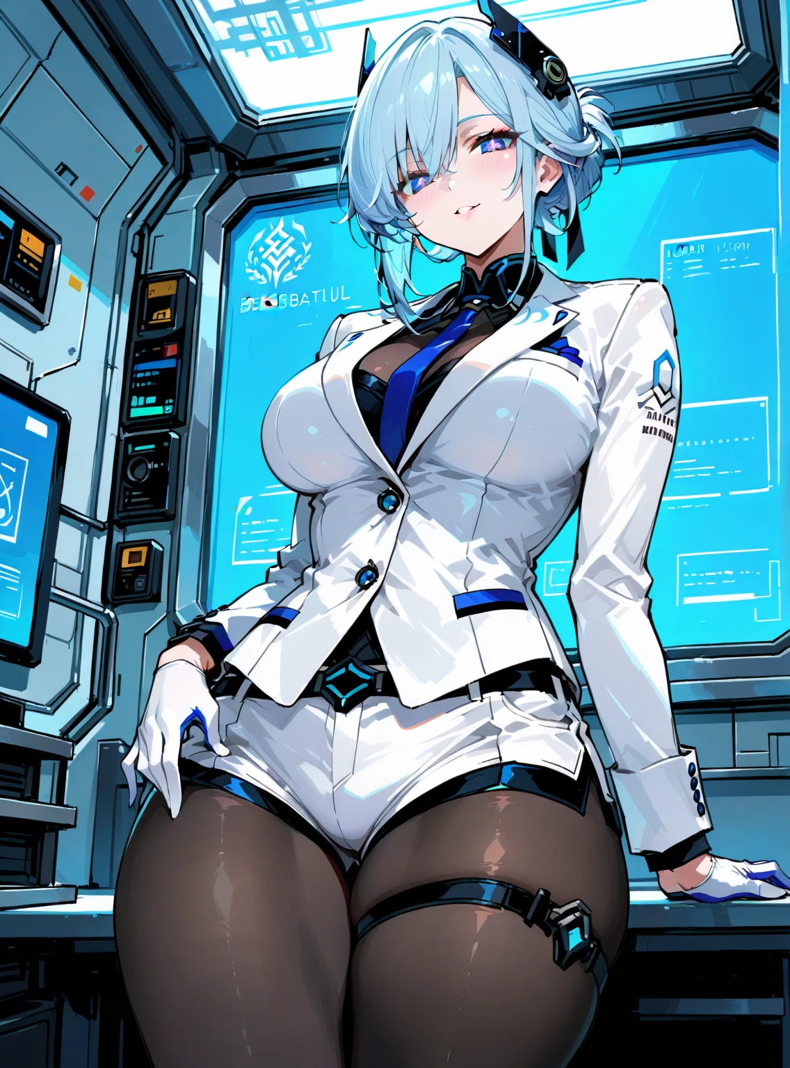 ((1 cyborg woman)),((huge breasts, naked breasts, naked pussy, completely naked, blue clitoral piercing)),((standing, futuristic room)),((serious face)),((with many Bubian hair, with a scientist's coat)),((short hair with a short ponytail on the left side, a short ponytail on the right side, bright yellow eyes)),((facing the viewer, holding a tablet) ),((standing in a futuristic room)),