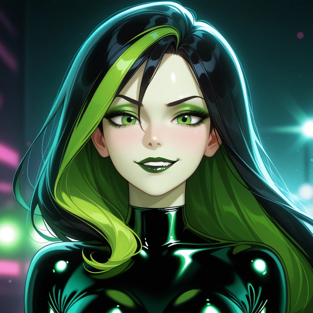 beautiful, masterpiece, best quality, extremely detailed face, perfect lighting, 1girl, solo, shegolady, evil grin, blush, black lips, bodysuit, green bodysuit, green gloves, magic, glow, volumetric lighting
