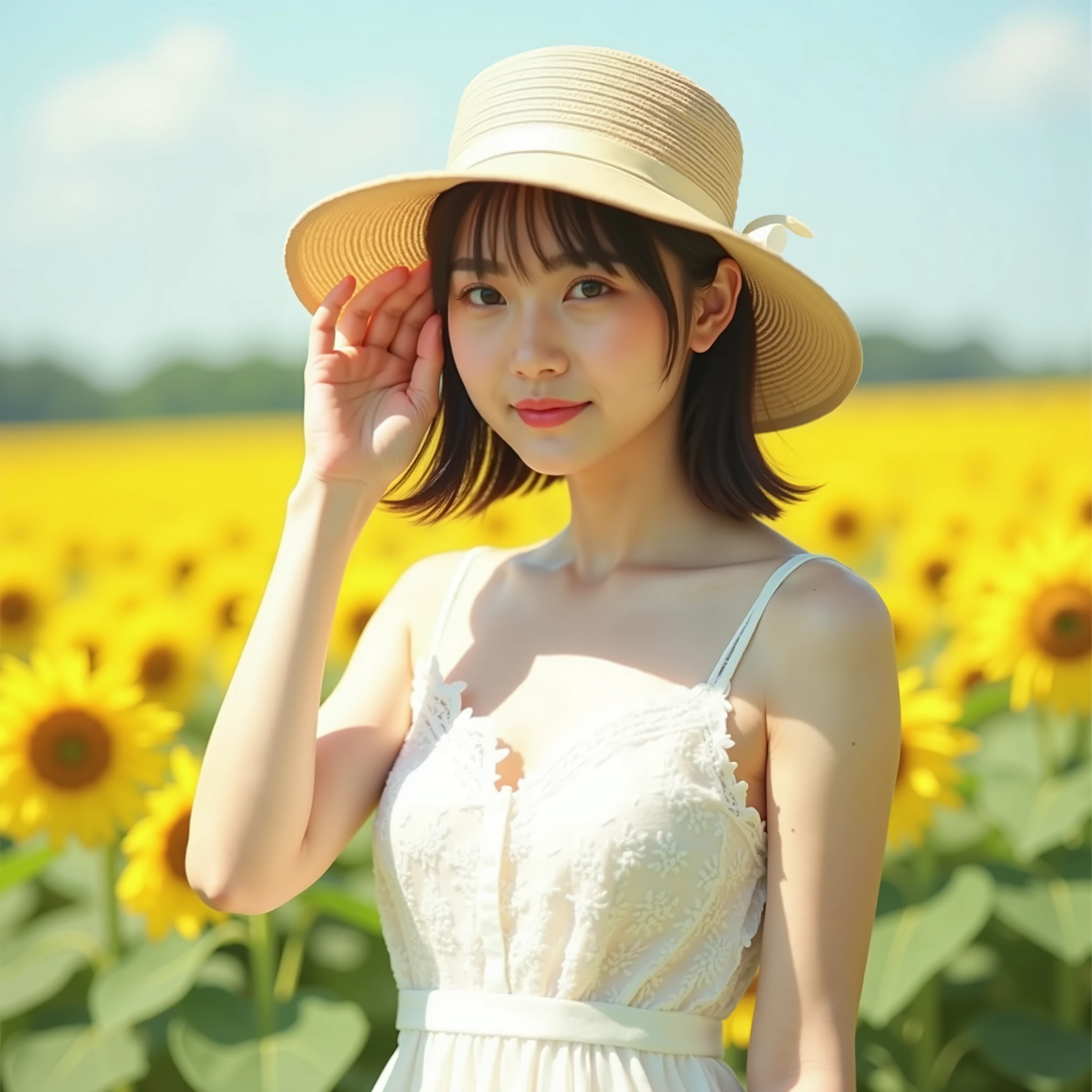 highdefinition images、Fuwa、One Japanese 20-year-old girl under the sun、Smile Yan,dazzlingly makes a shadow in front of her face with her right hand,1 person under the sun、live-action(white lace dress:1.2)、Relaxed Dress(Sun Visor Hat:1.unflower field、Under the Sun、ogipote 、viewers、wind、dynamic、Strong Light and Dark、dynamicなポーズ、
