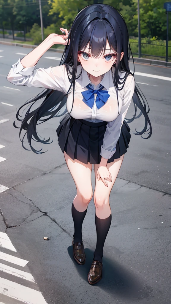 Lydia, a 6 foot tall female student with long black hair and a with a very short skirt, pushes Tom, a nerd, to the ground in the school yard. with a malicious smile, place your right foot on your chest, pressing lightly