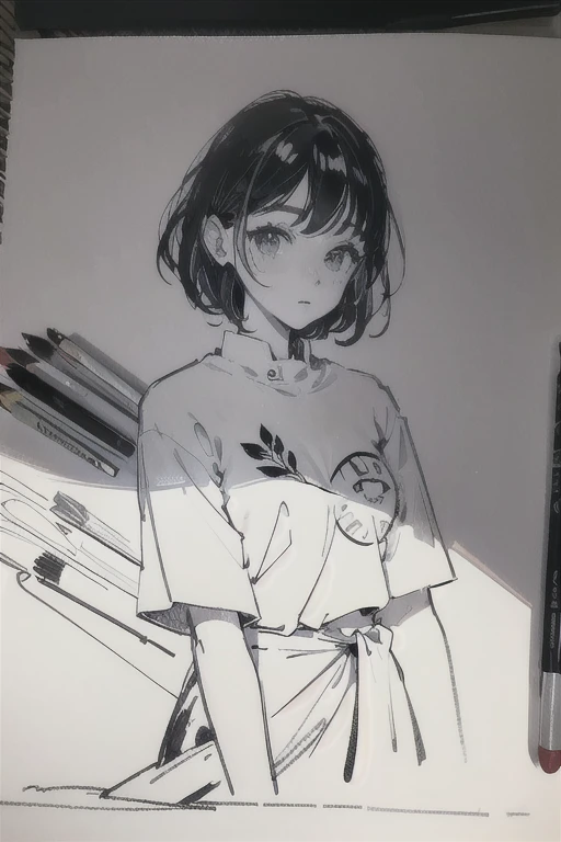 (line drawing),(scribbling:1.2),bold line, 1girl, from side,