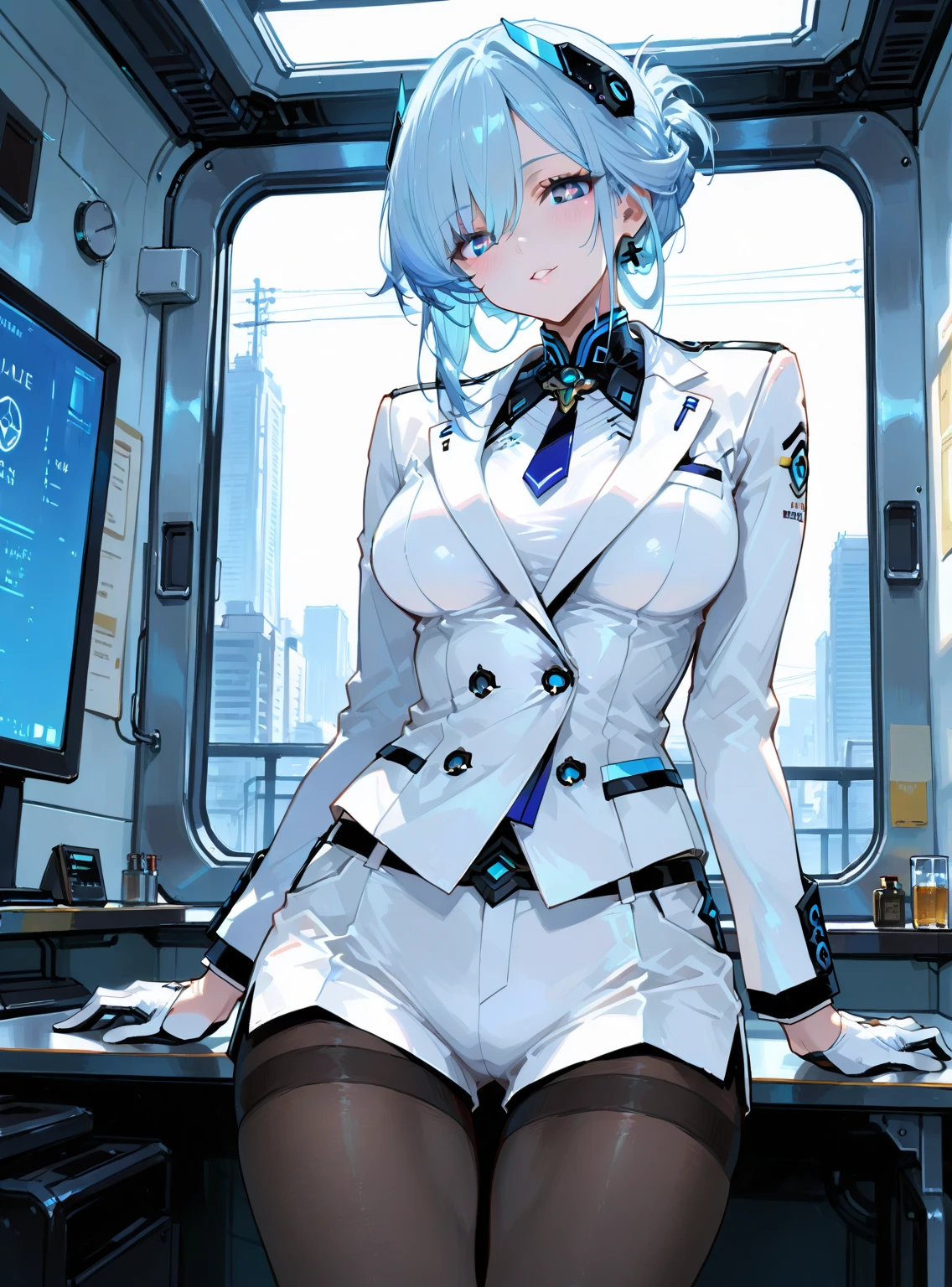 adult women, short hair white hair, high ponytail, blue eye color, White luxury jacket, trousers, open breast, blue lipstick, Smile, masterpiece, high quality