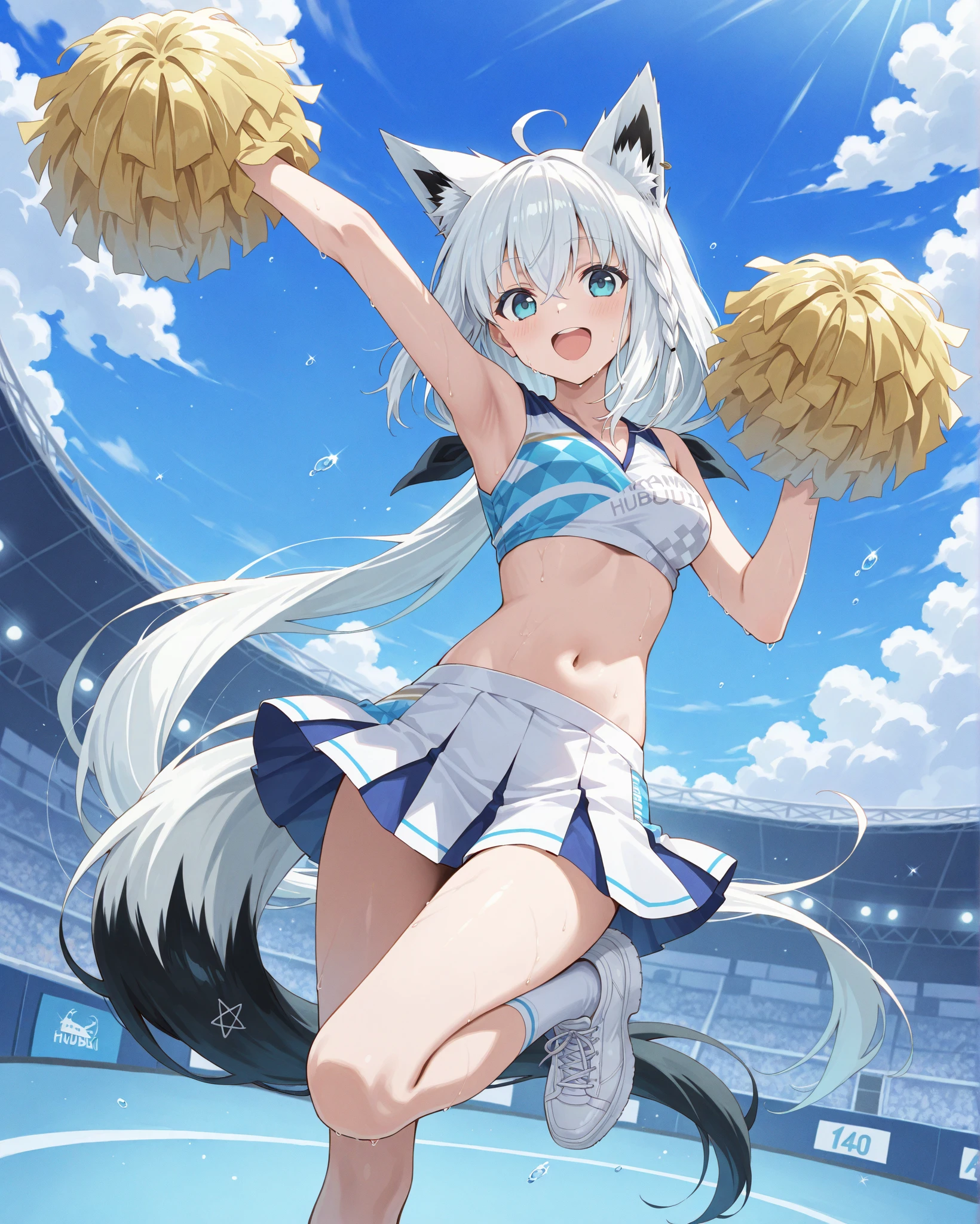 Solo, score_9,score_8_up, score_7_up, an Anthro furry wolf girl, kemono style, silver furry body, silver wolf tail, golden blonde hair, hair in a ponytail, beautiful opalescent blue eyes, black nose, wearing blue and white skimpy cheerleader uniform, holding up two peace signs with her hands, standing, big smile, sparkling blue eyes, silver abstract background, soft shading, soft line art,
