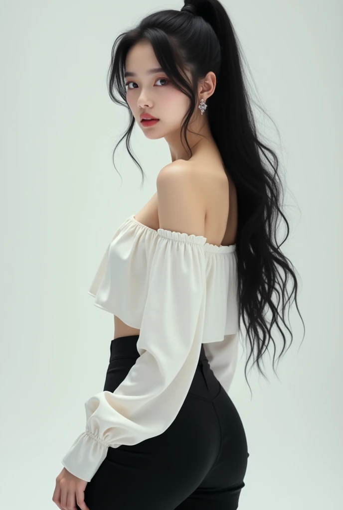 Beautiful girl, sexy, good figure, beautiful long black hair, medium length. white fedora hat Wearing a signature white outfit, she performed a (gravity-free) imitation (soft criminal music video) on stage.