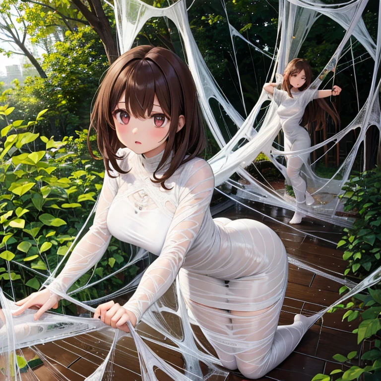 a girl trapped in the net in secretary uniform with pantyhose