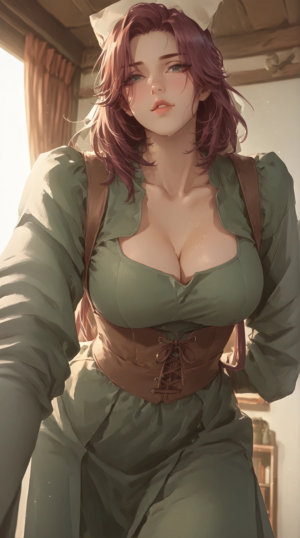 nozomitoujou, nozomi toujou, green eyes, brown hair, short curly hair, large breasts, masterpiece, best quality, high resolution, beautiful detailed eyes, extremely detailed face, good lighting, detailed CG, messy hair, glossy lips, corset, thigh boots