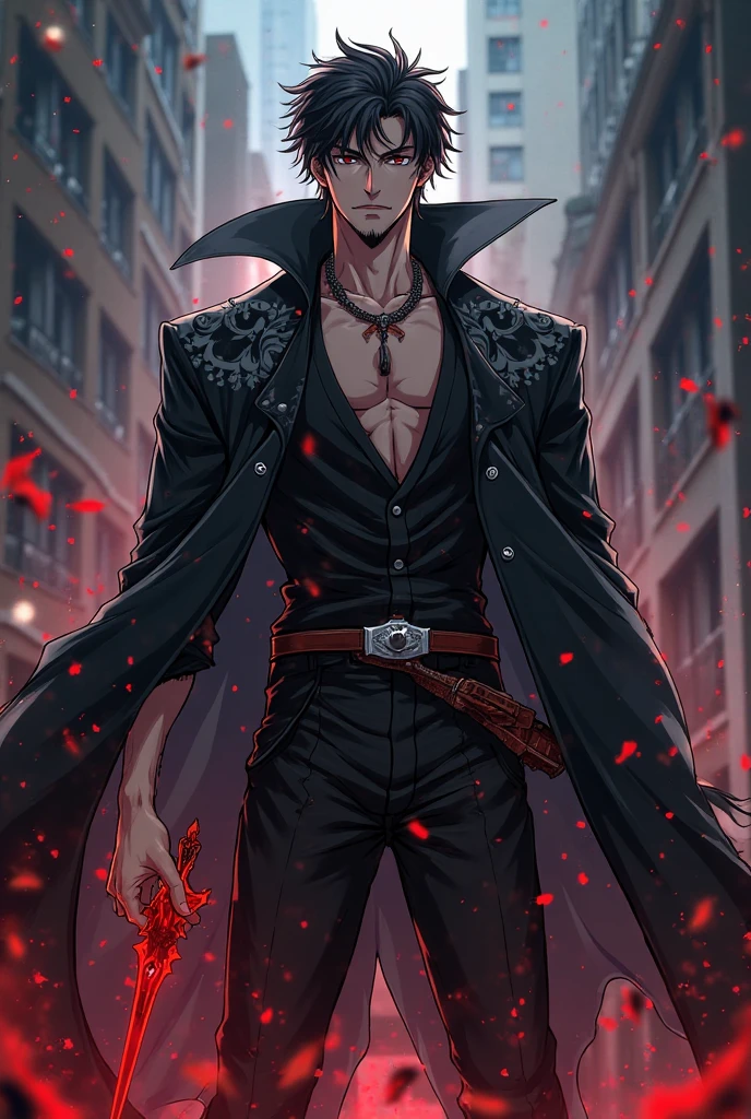 masterpiece, night, 1boy, boyfriend, black hair, short hair, black eyes, smirk, knife in hand, blood, cloak, musculature, body scars, pants, walking