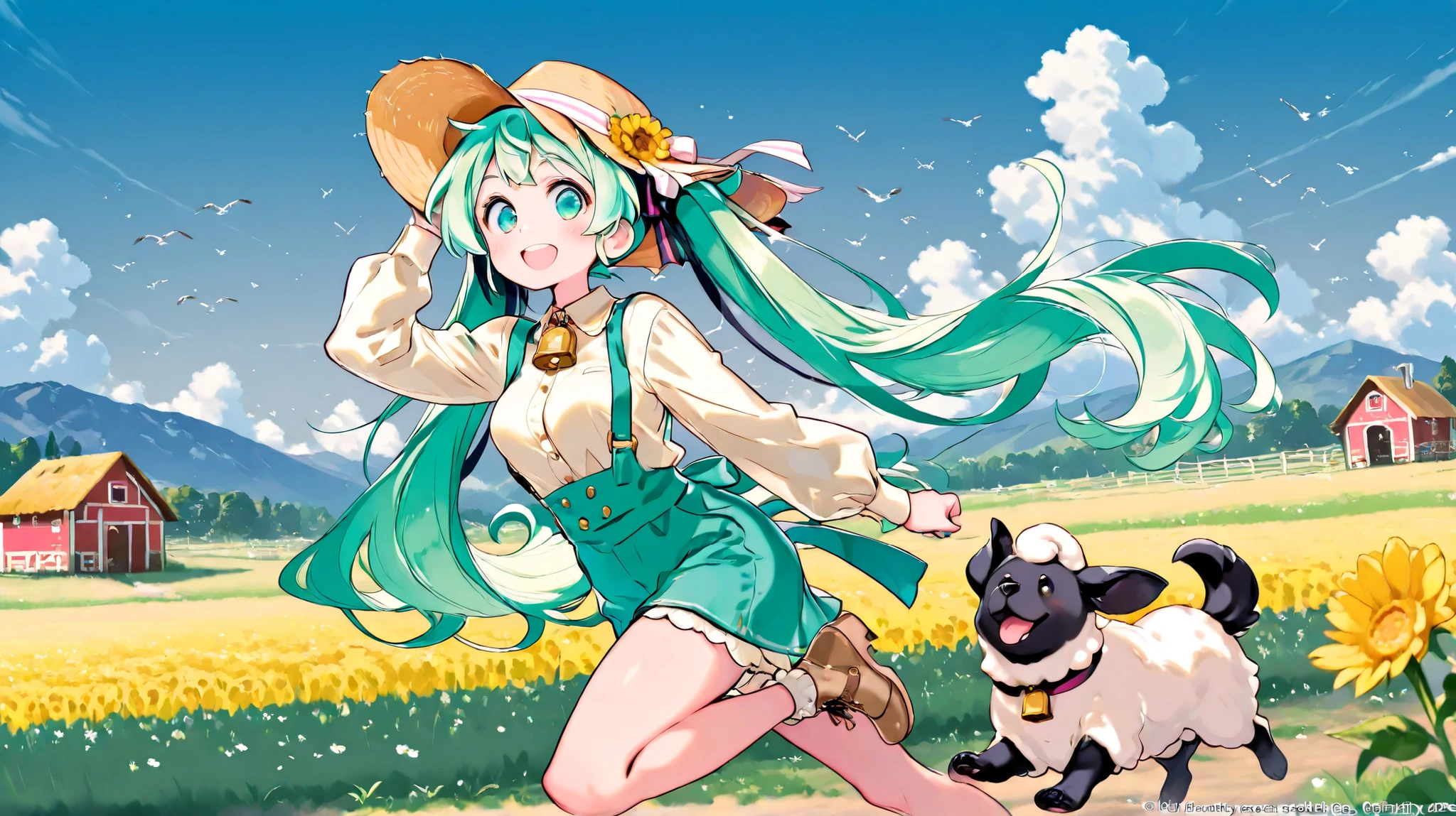 (masterpiece、Highest Quality、Highest Quality、official art、Beautifully beautiful:1.2)、(1 person under the sun:1.3)Hatsune Miku、 light green twin tails,beautiful breasts,Shepherd dog chasing sheep flock、Sheep are wearing cowbells、牧羊犬を追いかけるHatsune Miku、on the hat、Farm Work Clothes 、Ranch、Prairie、full body、side view composition