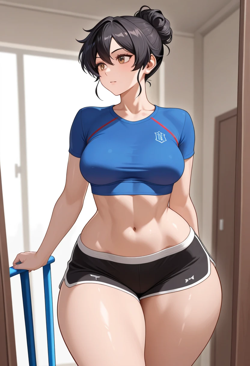 (Perfect body),Best Quality,(8K Portrait),(Official art)、(NSFW)、(((muscular)))、(glares)、embarrassed from、1girl in,(:o)、(((thick thighs)))、(((blush))),(Sweat),((((large udder))))、(big butts)、(Dark hair),((bob cuts)),Short hair, (Yellow eyes),(((Gray sports bra)))、(Gray sports panties)、Black knee socks、((hands tied up))、(Armpits)、(((spreading legs)))、Cuffed、(Dark concrete room)、natta、is standing