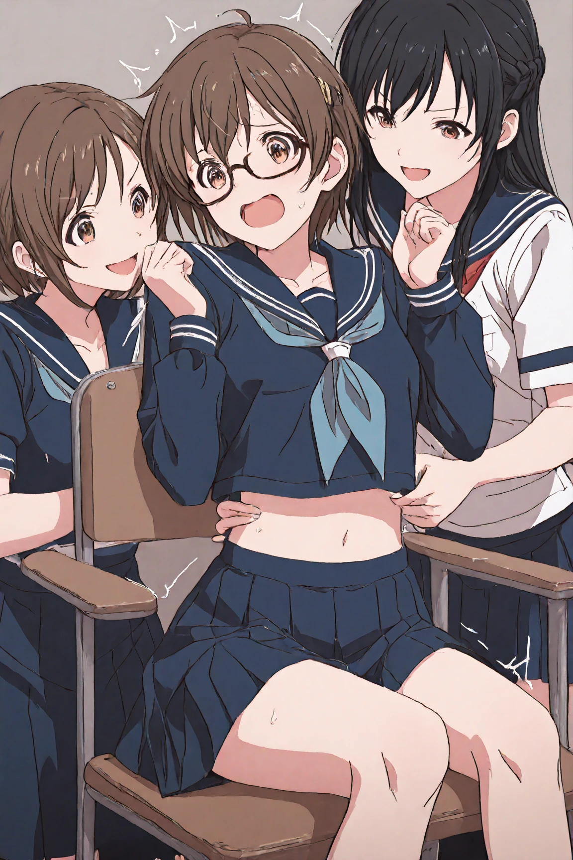 Super detailed, best quality, High resolution, Moe anime, ((((Three cute little girls with black hair and big round glasses hug each other.)))), (baby face), ((Big eyes:1.5, drooping eyes:1.2)), dark blue eyes, cute eyes, detailed eye description, brilliance of eyes, view audience, pale skin, ((())), NSFW, focus on the face, ((bust shot)), ((Naked sailor suit, Lower body is naked)), Nipples are showing through, At the bed, Navel exposed, bare shoulders, Skirt-lift, Shirt-lift, ((flat chest)), sitting, From above