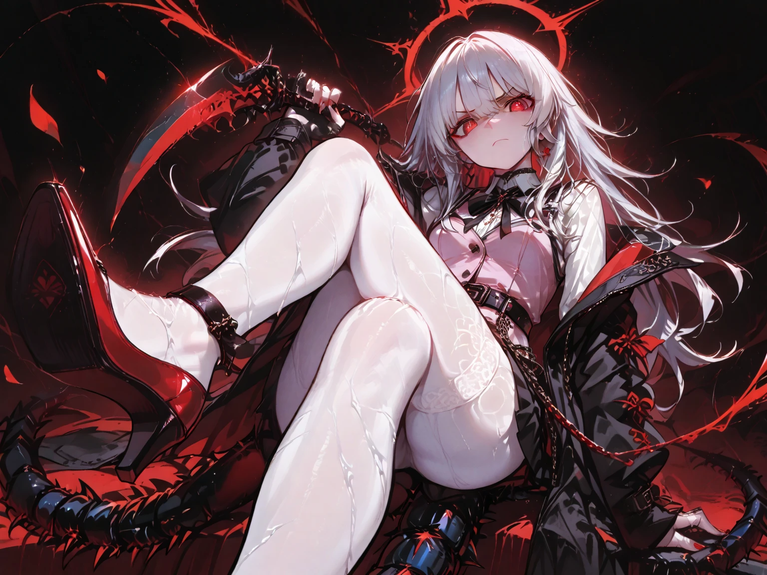 ((masterpiece, best quality, extremely detailed CG, unity 8k wallpaper,anatomically correct,ultra resolution)),Award-winning photography,(best illumination,Very Delicate and Beautiful),(one girl,solo,loli:1.5),(Vampire:1.45),silver hair,(twintails:1.2),(glowing red eyes:1.25),(pale skin:1.45),(extremely beautiful and detailed face:1.2), (extremely beautiful and detailed eyes:1.2),perfect hands,delicate legs,((bat hair ornament)),(gothic style,death atmosphere),pointy ears,skinny,((black leather mask face:1.5, black chest armor and elbow armor, skirt:1.2, black inner clothes, knee pads, stockings, hooded black cloak)),looking at viewer,menacing, sharp, (grim-reaper-girl swinging a purple bright digital runes chaos curse magic-scythe),head tilt,dark persona,evil,(cute:1.5),((night, dark atmosphere, dark theme, darkness:1.5,dynamic angle)),dramatic shadows,(dimly lit:1.5),blood on face,blood on floor, blood on walls,(blood mist,blood splash:1.4),depth of field,(cityscape:1.3),neon lights,skyscrapers,(perfect human body structure with maximum precision)