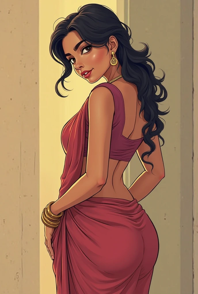 Amazing portrait of a sexy woman who is wearing a backless blouse and a saree and hair tied in a bun in a tiny and dark room with one lamp and she's sweaty with pleasure
