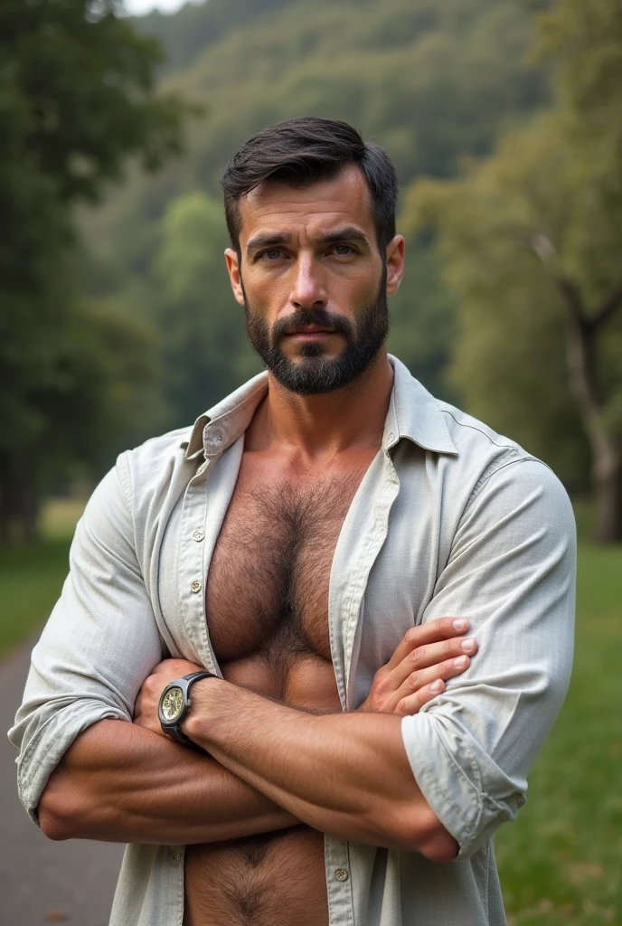 Create a masterful Obra maestra book cover of 35 year old man with hairy chest, naked, dreaming of a better life looking at the ultra-detailed horizon inspired by Drew Struzan,soft lighting, dreamshaper, Obra maestra, Mejor calidad.