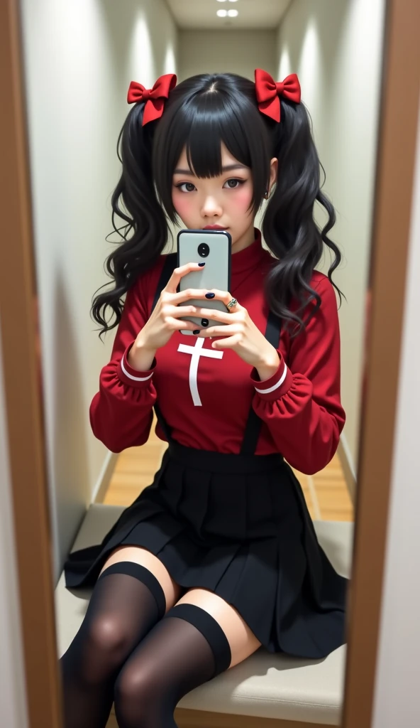 black hair, keep the same pose , make it with black hair, and change the skirt to a black one, realistic skin, realistic black hair