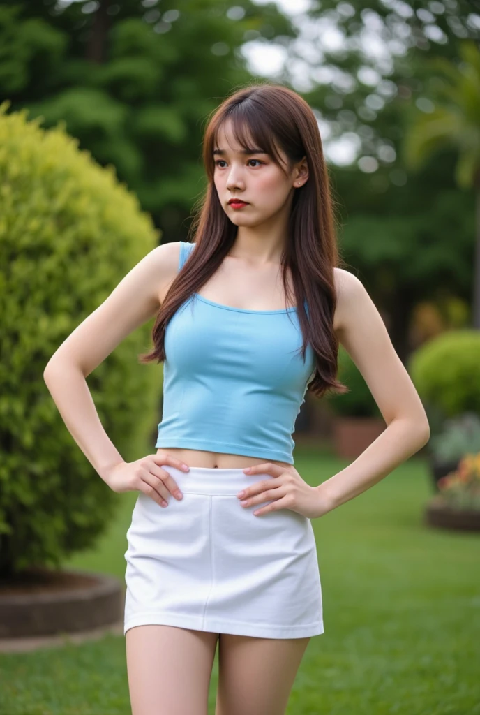 ((best qualtiy, 8K, tmasterpiece:1.3)),Focus:1.2, female high-school student,wooden cabin,(A look of determination)(adolable),delicated face,Long hair waist-length,long hair flowing,Tilt your head,ssmile,Hair details,Delicate Full Body Portrayal,Delicate depiction of the face,Best picture quality,A high resolution,细致背景,Delicate portrayal,exquisitedetails,Rich in detail,Facial strengthening,(Striped crop top with crop top,short skirt),with blue sky and white clouds,Sitting Among the Flowers,wooden cabin,There are no bags under the eyes