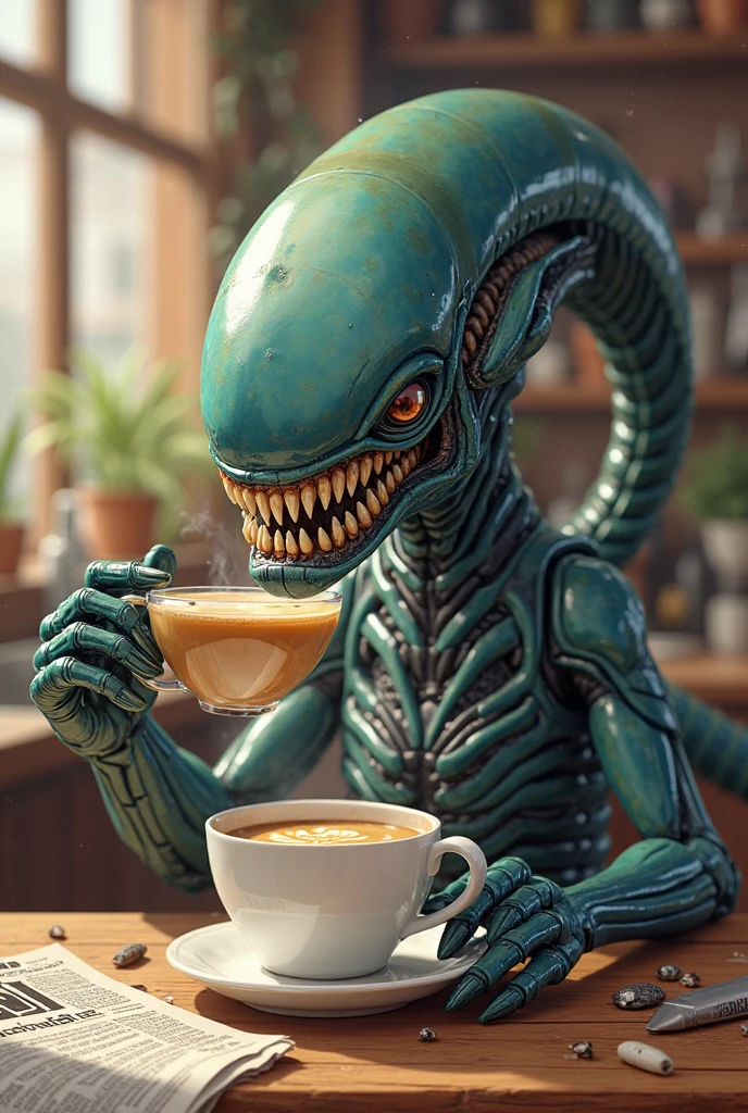 (embedding:daiton_1b-embeddings:1) alien creature in a 1950s diner, sipping coffee and reading a newspaper, vintage surroundings, soft lighting from neon signs, photorealistic, analog film grain, black and white