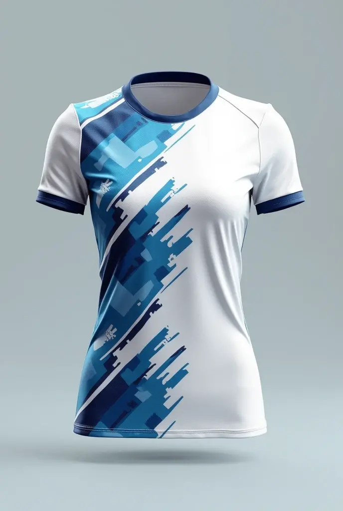 Create a women's sports t-shirt with designs in blue,celeste,white